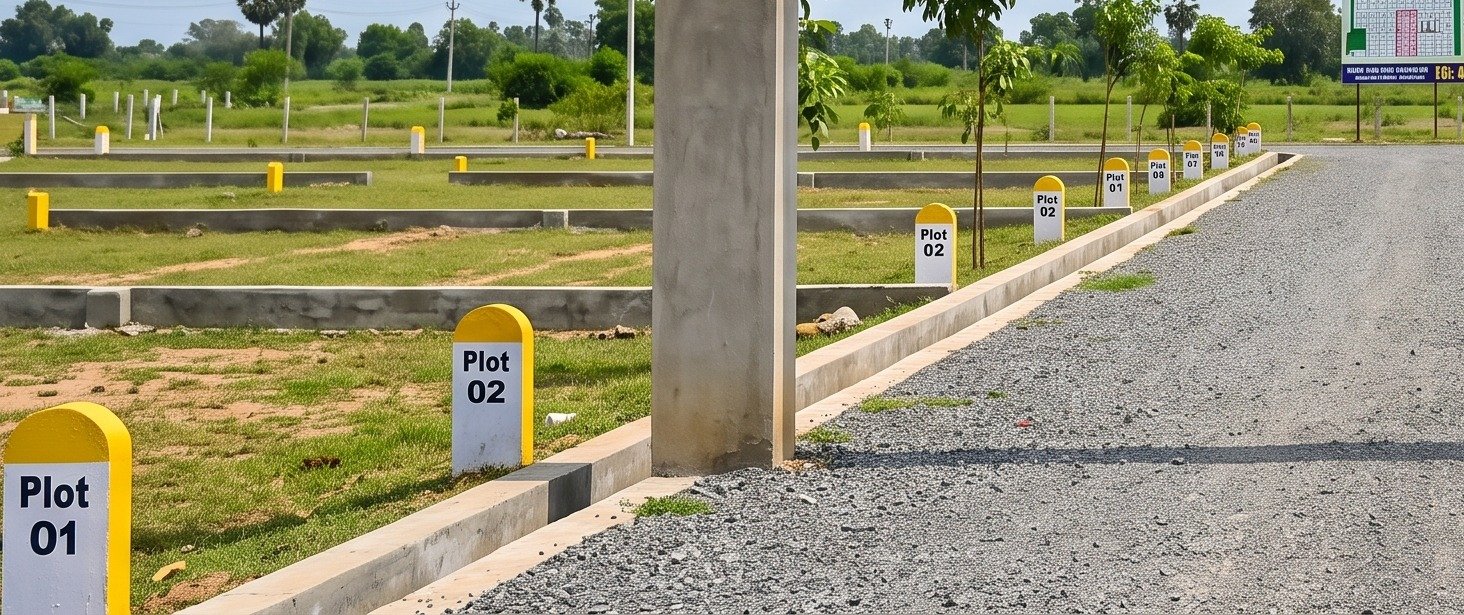 Numbered plot markers along a laid road in an ARM layout
